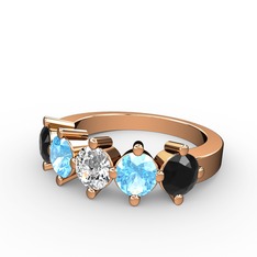 Swarovski, akuamarin ve siyah zirkon 14 ayar rose altın yüzük