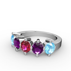 5 Taşlı Yüzük - Rodolit garnet, ametist ve akuamarin 14 ayar beyaz altın yüzük #1xnuncl