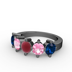 5 Taşlı Yüzük - Kök yakut, pembe kuvars ve lab safir 925 ayar siyah rodyum kaplama gümüş yüzük #1xvzvob