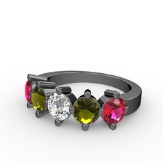 5 Taşlı Yüzük - Pırlanta, peridot ve rodolit garnet 925 ayar siyah rodyum kaplama gümüş yüzük (0.66 karat) #24lojr