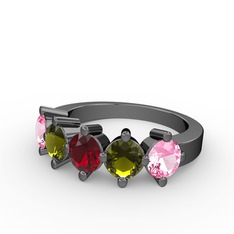 5 Taşlı Yüzük - Garnet, peridot ve pembe kuvars 925 ayar siyah rodyum kaplama gümüş yüzük #37l0e4