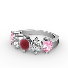 5 Taşlı Yüzük - Kök yakut, swarovski ve pembe kuvars 18 ayar beyaz altın yüzük #38x5iz