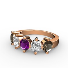 5 Taşlı Yüzük - Ametist, swarovski ve dumanlı kuvars 18 ayar rose altın yüzük #3al44s