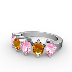 5 Taşlı Yüzük - Pembe kuvars ve sitrin 14 ayar beyaz altın yüzük #3ca3rh
