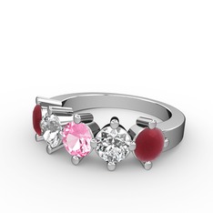 5 Taşlı Yüzük - Pembe kuvars, pırlanta ve kök yakut 14 ayar beyaz altın yüzük (1.32 karat) #3iqzq7