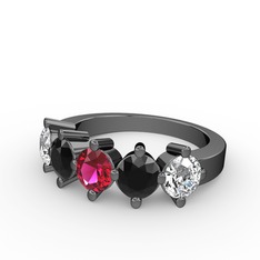 5 Taşlı Yüzük - Rodolit garnet, siyah zirkon ve swarovski 925 ayar siyah rodyum kaplama gümüş yüzük #45k22q