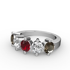 5 Taşlı Yüzük - Garnet, pırlanta ve dumanlı kuvars 8 ayar beyaz altın yüzük (1.32 karat) #45xl7a