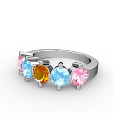 5 Taşlı Yüzük - Sitrin, akuamarin ve pembe kuvars 14 ayar beyaz altın yüzük #4y1nys