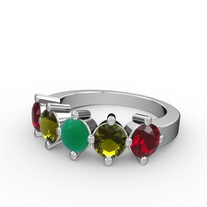 5 Taşlı Yüzük - Kök zümrüt, peridot ve garnet 925 ayar gümüş yüzük #5vglmv