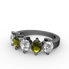 5 Taşlı Yüzük - Pırlanta, peridot ve swarovski 925 ayar siyah rodyum kaplama gümüş yüzük (0.66 karat) #6c445a