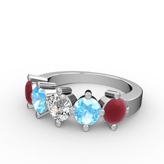 5 Taşlı Yüzük - Swarovski, akuamarin ve kök yakut 18 ayar beyaz altın yüzük #6qtyhk