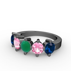 5 Taşlı Yüzük - Kök zümrüt, pembe kuvars ve lab safir 925 ayar siyah rodyum kaplama gümüş yüzük #6uf7i1