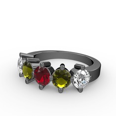 5 Taşlı Yüzük - Garnet, peridot ve beyaz zirkon 925 ayar siyah rodyum kaplama gümüş yüzük #72lzvi