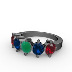 5 Taşlı Yüzük - Kök zümrüt, lab safir ve garnet 925 ayar siyah rodyum kaplama gümüş yüzük #7nqqf9