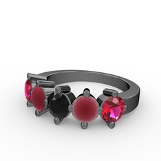 5 Taşlı Yüzük - Siyah zirkon, kök yakut ve rodolit garnet 925 ayar siyah rodyum kaplama gümüş yüzük #8cqnh0