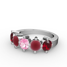 5 Taşlı Yüzük - Pembe kuvars, kök yakut ve garnet 18 ayar beyaz altın yüzük #8ht1dx