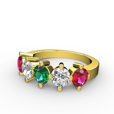 5 Taşlı Yüzük - Yeşil kuvars, swarovski ve rodolit garnet 14 ayar altın yüzük #8qyl5