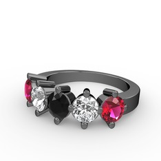 5 Taşlı Yüzük - Siyah zirkon, pırlanta ve rodolit garnet 925 ayar siyah rodyum kaplama gümüş yüzük (1.32 karat) #8sgb49