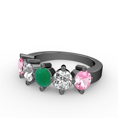 5 Taşlı Yüzük - Kök zümrüt, swarovski ve pembe kuvars 925 ayar siyah rodyum kaplama gümüş yüzük #8upvjo