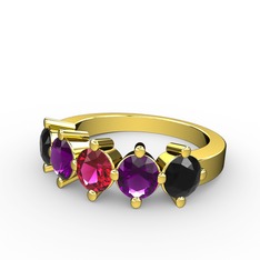 5 Taşlı Yüzük - Rodolit garnet, ametist ve siyah zirkon 18 ayar altın yüzük #909h5e