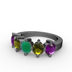 Kök zümrüt, peridot ve ametist 925 ayar siyah rodyum kaplama gümüş yüzük