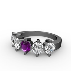 5 Taşlı Yüzük - Ametist, beyaz zirkon ve swarovski 925 ayar siyah rodyum kaplama gümüş yüzük #9fsm3j