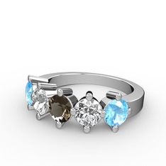 Dumanlı kuvars, swarovski ve akuamarin 18 ayar beyaz altın yüzük