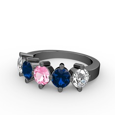 5 Taşlı Yüzük - Pembe kuvars, lab safir ve beyaz zirkon 925 ayar siyah rodyum kaplama gümüş yüzük #aiui8j
