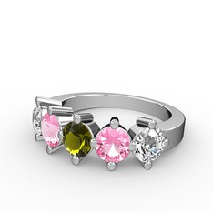 5 Taşlı Yüzük - Peridot, pembe kuvars ve pırlanta 18 ayar beyaz altın yüzük (1.32 karat) #amnb45