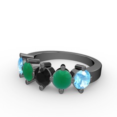 5 Taşlı Yüzük - Siyah zirkon, kök zümrüt ve akuamarin 925 ayar siyah rodyum kaplama gümüş yüzük #atoyyr
