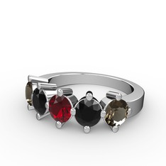 Garnet, siyah zirkon ve dumanlı kuvars 925 ayar gümüş yüzük