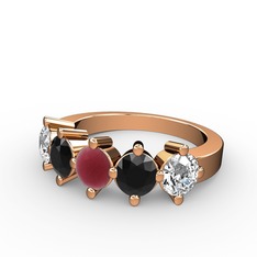 5 Taşlı Yüzük - Kök yakut, siyah zirkon ve swarovski 18 ayar rose altın yüzük #bjv4nd