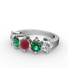 5 Taşlı Yüzük - Kök yakut, yeşil kuvars ve swarovski 8 ayar beyaz altın yüzük #c5ycit