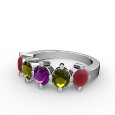 5 Taşlı Yüzük - Ametist, peridot ve kök yakut 8 ayar beyaz altın yüzük #c6a9ml