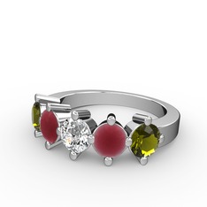 5 Taşlı Yüzük - Swarovski, kök yakut ve peridot 18 ayar beyaz altın yüzük #cwesl4
