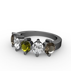 5 Taşlı Yüzük - Peridot, swarovski ve dumanlı kuvars 925 ayar siyah rodyum kaplama gümüş yüzük #cwh8q8