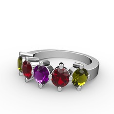 Ametist, garnet ve peridot 8 ayar beyaz altın yüzük