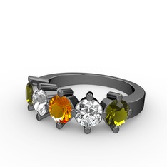 5 Taşlı Yüzük - Sitrin, beyaz zirkon ve peridot 925 ayar siyah rodyum kaplama gümüş yüzük #d0bo8z