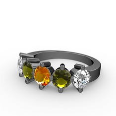 5 Taşlı Yüzük - Sitrin, peridot ve swarovski 925 ayar siyah rodyum kaplama gümüş yüzük #di0q1y