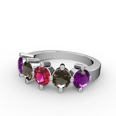 5 Taşlı Yüzük - Rodolit garnet, dumanlı kuvars ve ametist 8 ayar beyaz altın yüzük #dy8xb5