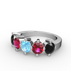 5 Taşlı Yüzük - Akuamarin, rodolit garnet ve siyah zirkon 14 ayar beyaz altın yüzük #e2y128