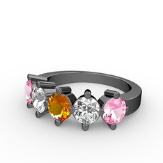 5 Taşlı Yüzük - Sitrin, swarovski ve pembe kuvars 925 ayar siyah rodyum kaplama gümüş yüzük #e38xkf