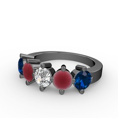 5 Taşlı Yüzük - Swarovski, kök yakut ve lab safir 925 ayar siyah rodyum kaplama gümüş yüzük #egcops