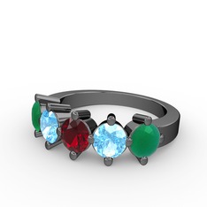Garnet, akuamarin ve kök zümrüt 925 ayar siyah rodyum kaplama gümüş yüzük