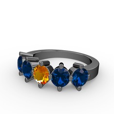 5 Taşlı Yüzük - Sitrin ve lab safir 925 ayar siyah rodyum kaplama gümüş yüzük #eph5ky