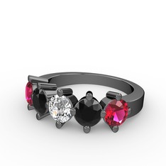 5 Taşlı Yüzük - Swarovski, siyah zirkon ve rodolit garnet 925 ayar siyah rodyum kaplama gümüş yüzük #ermr8z