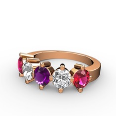 5 Taşlı Yüzük - Ametist, swarovski ve rodolit garnet 14 ayar rose altın yüzük #gzp25a