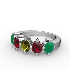 5 Taşlı Yüzük - Peridot, garnet ve kök zümrüt 8 ayar beyaz altın yüzük #h6s489