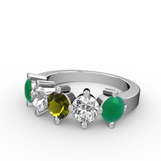 Peridot, beyaz zirkon ve kök zümrüt 8 ayar beyaz altın yüzük