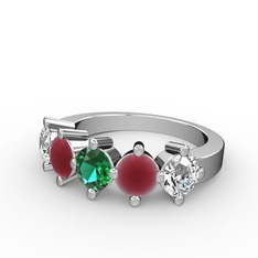 5 Taşlı Yüzük - Yeşil kuvars, kök yakut ve swarovski 14 ayar beyaz altın yüzük #hnefjb